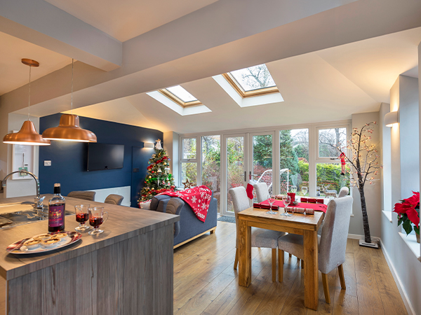 An open plan kitchen and dining area